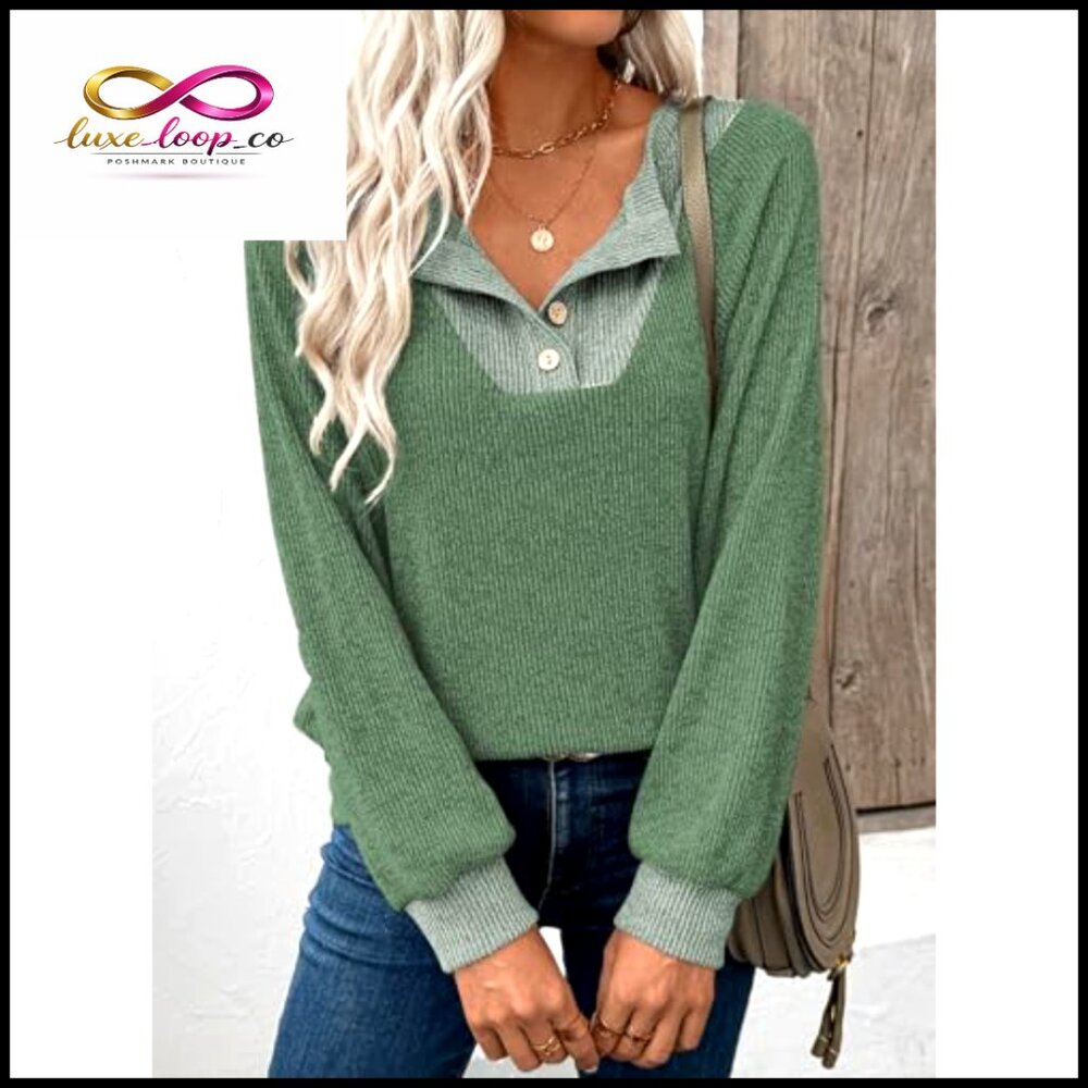 Patchwork V-Neck Sweatshirt Oversized Pullover Ca… - image 2